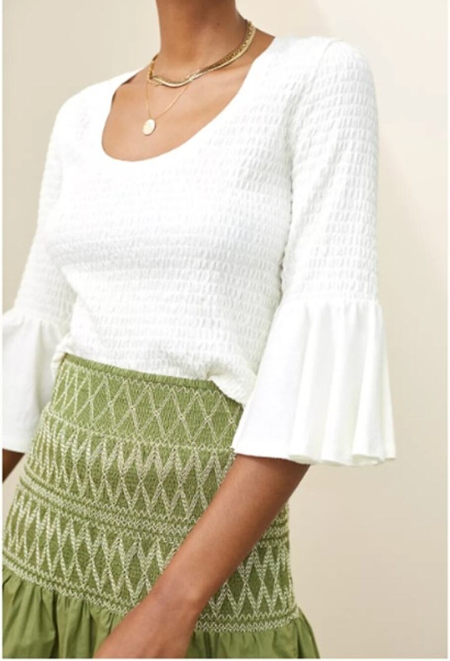 Anthropologie Sz S Smocked 3/4 Bell Sleeve Beige Blouse Scoop Neck Romantic Boho